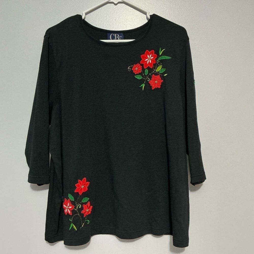 CB Plus Black Christmas top Embroidered Beaded Poinetta on front/sleeves size 1X